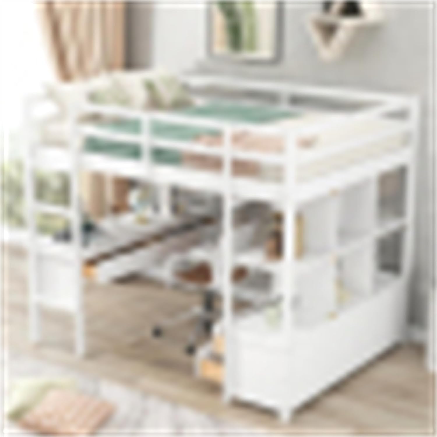 Full size loft bed with built-in desk, two drawers, storage shelves and drawers, white