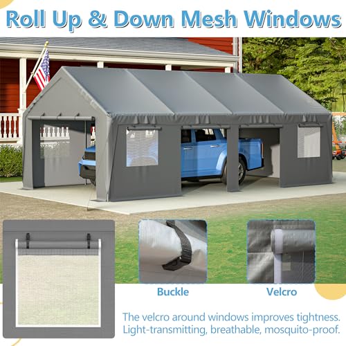 Carport 20x12ft,2in1 Kit Car Canopy Portable Garage,Heavy-Duty Waterproof & UV Protected,Car-Port with Roll-up Ventilated Windows & Removable Sidewalls for SUV,Truck,Boat,Tractor,Sand