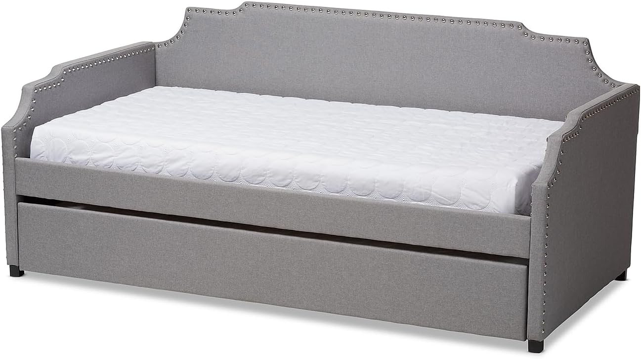 Baxton Studio Ally Modern and Contemporary Grey Fabric Upholstered Twin Size Sofa Daybed with Roll Out Trundle Guest Bed