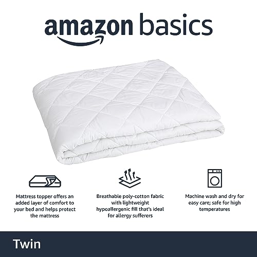 Amazon Basics Hypoallergenic Quilted Mattress Topper Pad, 18 Inches Deep, Twin XL, White