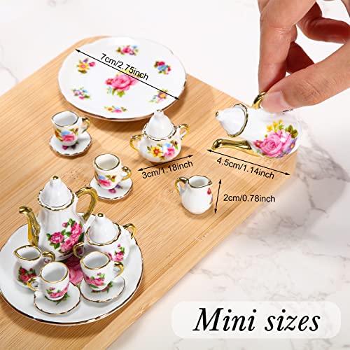 Sieral 2 Set 1:12 Miniature Tea Cup Sets Porcelain Dollhouse Accessories Dollhouse Decoration Mini Flower Pattern Teapot Cup Plates Set for Little Girls Dollhouse Coffee Shop Kitchen Accessories