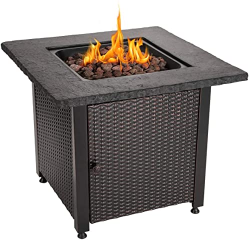 Endless Summer 30 Inch Square 30,000 BTU Outdoor Propane Gas Patio Fire Table with Blue Fire Glass and Protective Cover