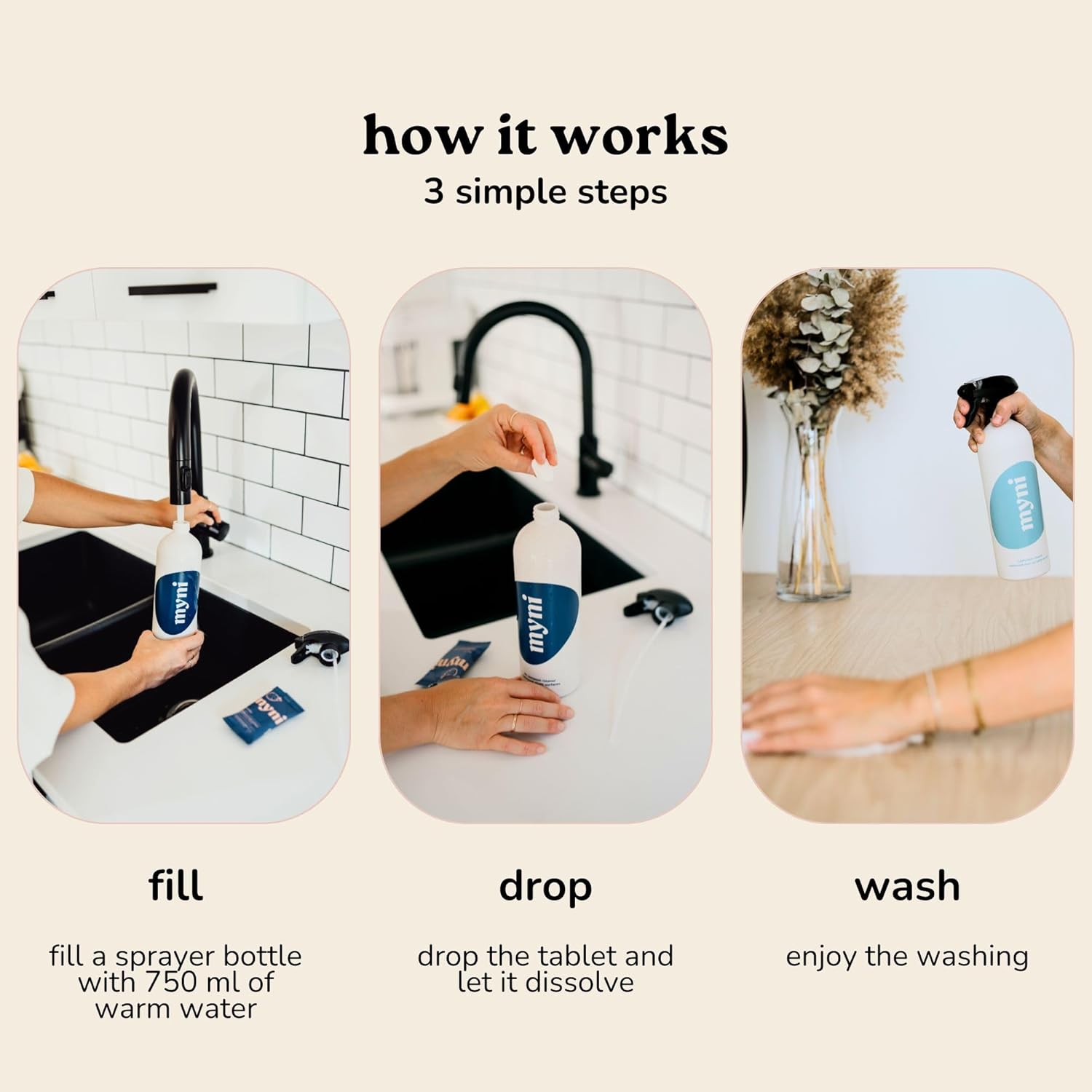 All-purpose Cleaner Starter Set - Powerful Cleaning - Citrus, Fruity, Woody, Spicy & Unscented Fragrance - 1 Wheat Straw Bottle & 3 Tablets Refills - Biodegradable Formula - Vegan - 3x750ml