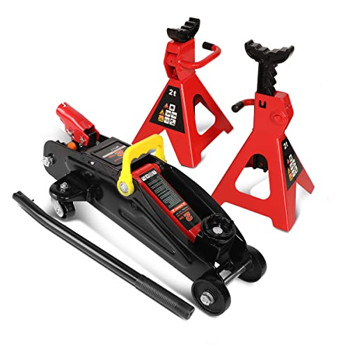 Auto Dynasty Universal Low Profile Garage Hydraulic Trolley Service Lift Floor Jack Combo with Ratchet Jack Stands, 2 Ton (4000 lbs) Capacity, Alloy Steel