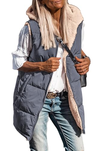 PRETTYGARDEN Womens 2024 Fall Reversible Vests Sleeveless Fleece Jacket Zip Up Hoodie Pockets Long Warm Winter Coat Outerwear