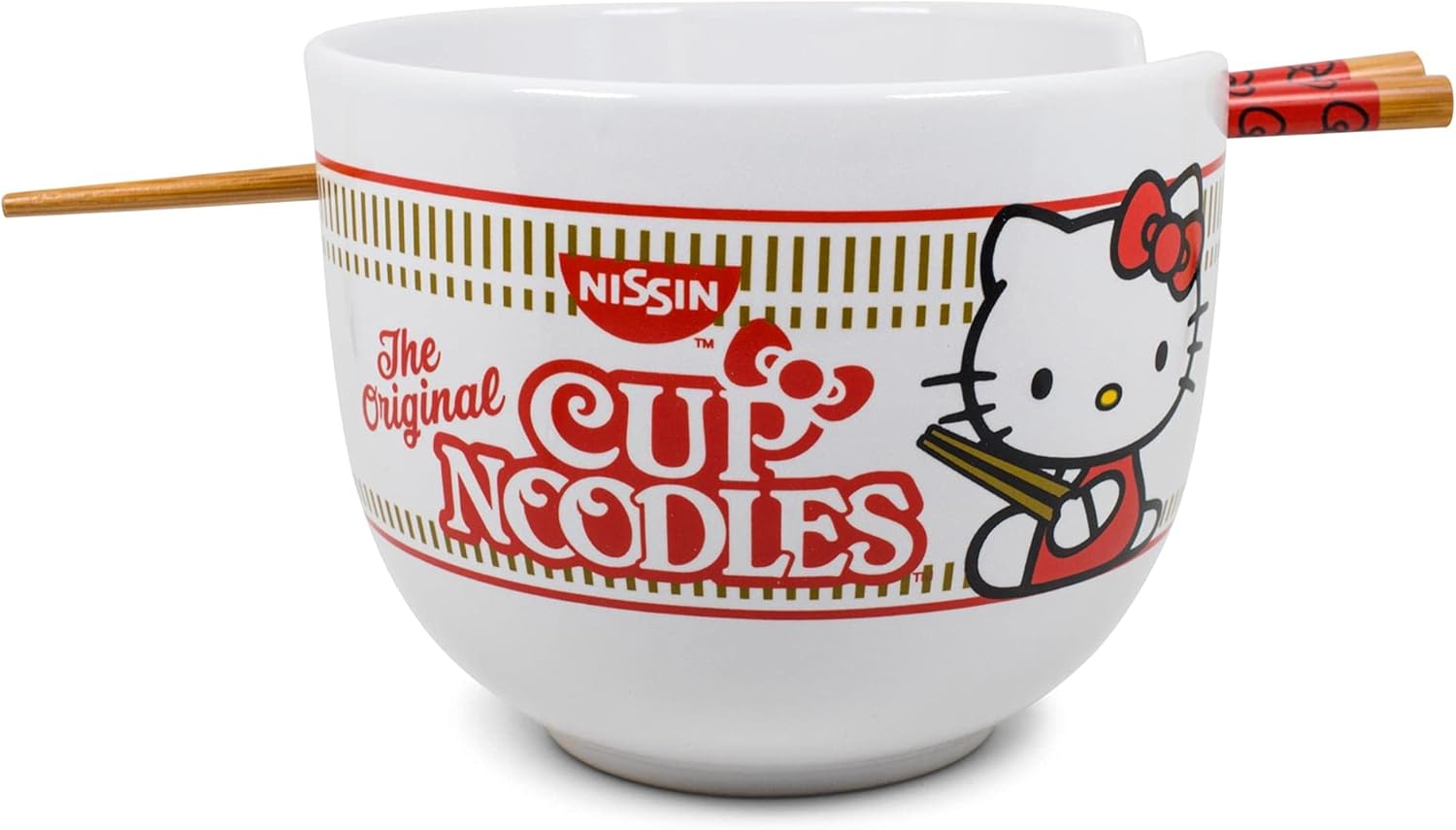 Hello Kitty Cup Noodles Japanese Ceramic Dinnerware Set | Includes 20-Ounce Ramen Bowl and Wooden Chopsticks | Asian Food Dish Set For Home Kitchen | Kawaii Anime Gifts, Official Sanrio Collectible