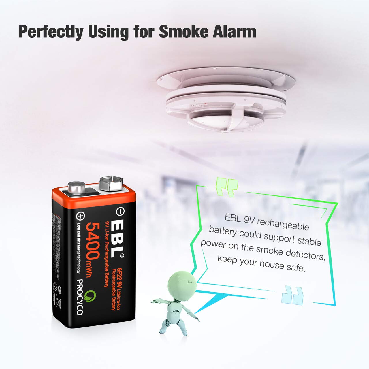 EBL Rechargeable 9V Lithium Batteries, 5400mWh USB 9 Volt Li-ion Batteries Long-Lasting(2 Pack)