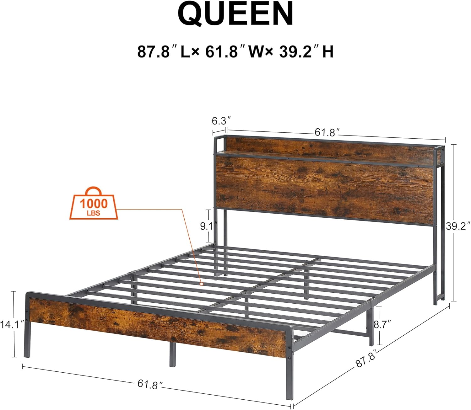 Queen Size Frame Metal with Charging Station, 2-Tier Storage Shelf Headboard, Space-Save Design Platform Bed Steel Slat High Capacity Up to 1000 LBS, No Box Spring Needed, Rustic Brown