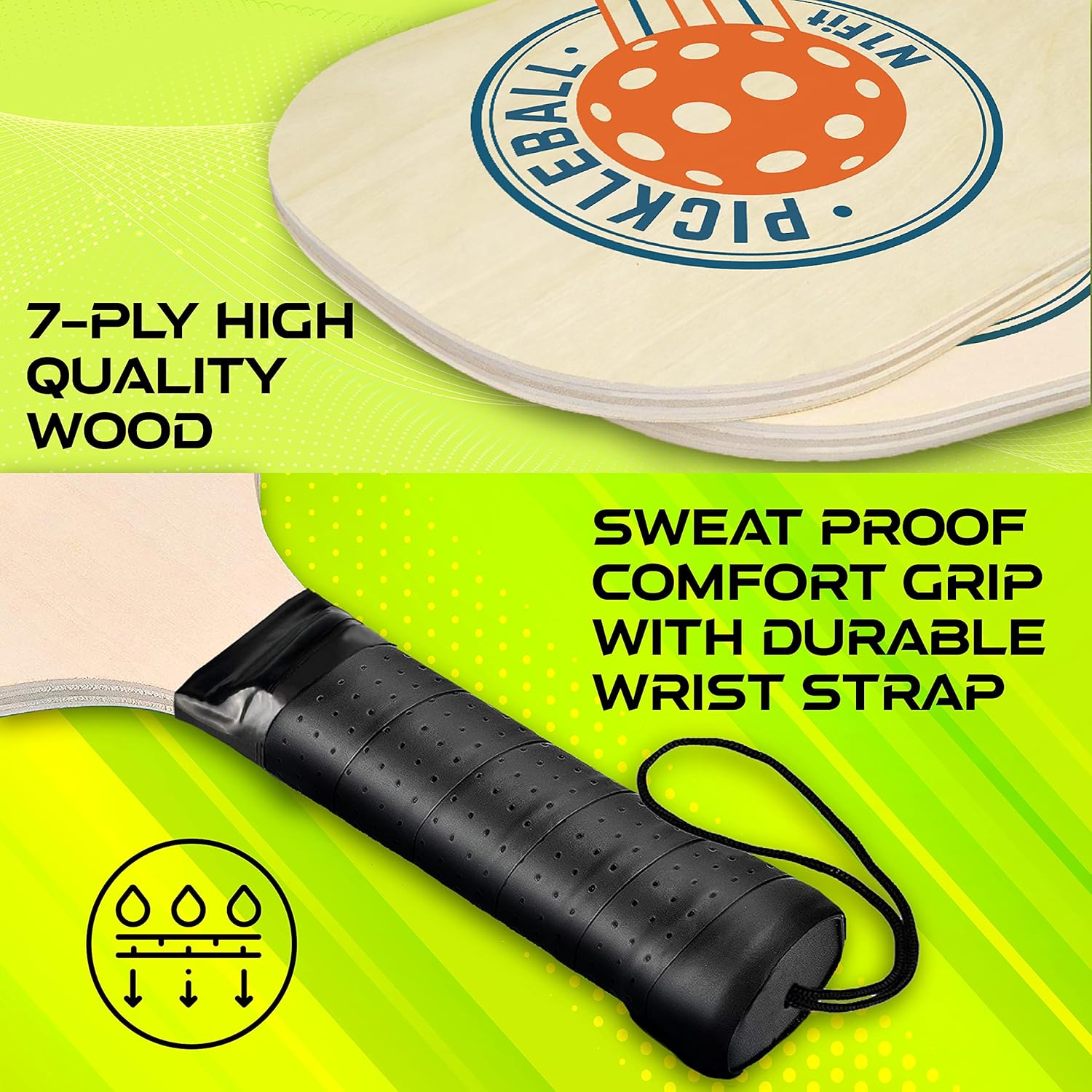 Wood Pickleball Paddle 4 Pack, Wooden Pickleball Paddles, Pickleball Set with 1 Carry Bag and 6 Balls, 7-ply Basswood, Pickle Ball Raquette Set with Ergonomic Cushion Grip, Pickleball Rackets