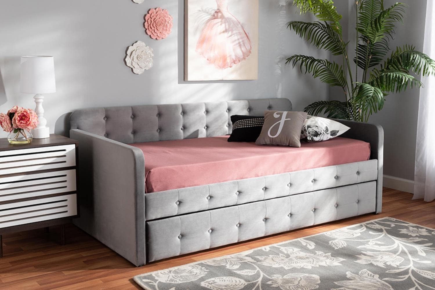 Baxton Studio Jona Gray Velvet Upholstered Twin Size Daybed with Trundle