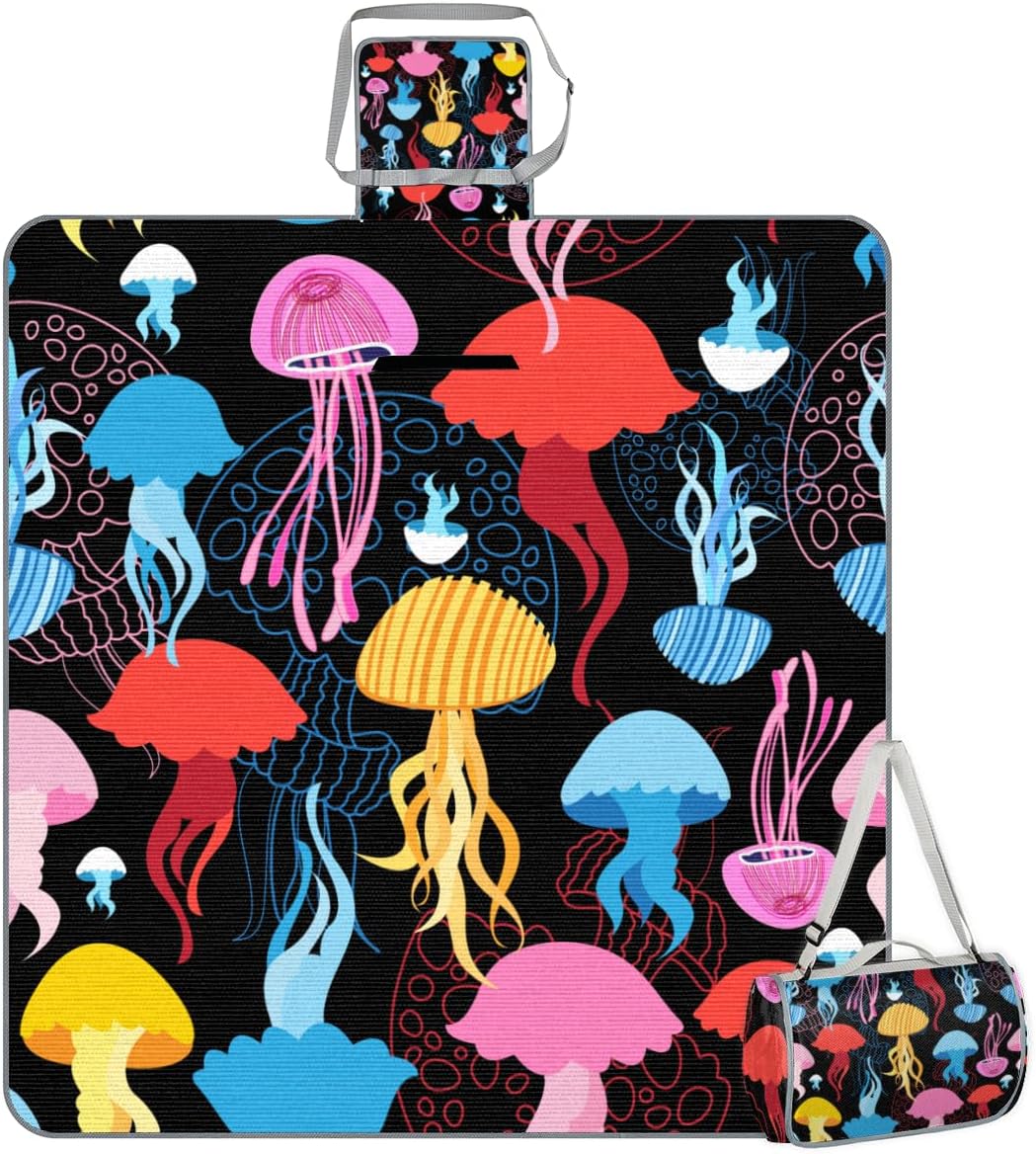 Picnic Blankets 57”x 59”, Colorful Jellyfish Waterproof Sandproof Picnic Mat Lightweight Foldable Beach Blanket for Camping Park Grass Beach Outdoor Blanket