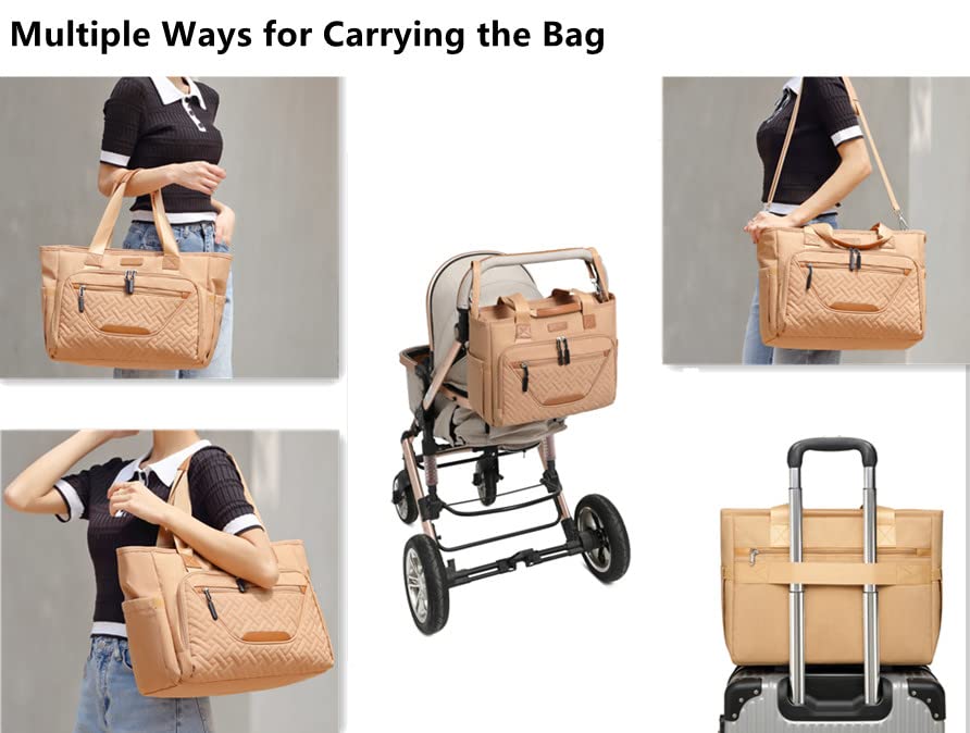 Diaper Bag Tote, Large Tote Diaper Bag with 16 Inch Laptop Compartment for Mom and Dad, Crossbody Waterproof Baby Diaper Bag (Light Brown)