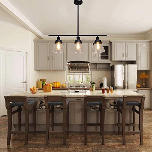 Rustic Glass Kitchen Island Lighting, Clear Seeded Glass Linear Chandelier, 3 Lights Adjustable Rod Industrial Pendant Light Fixture for Kitchen Island Dining Room Farmhouse, Oil Rubbed Bronze