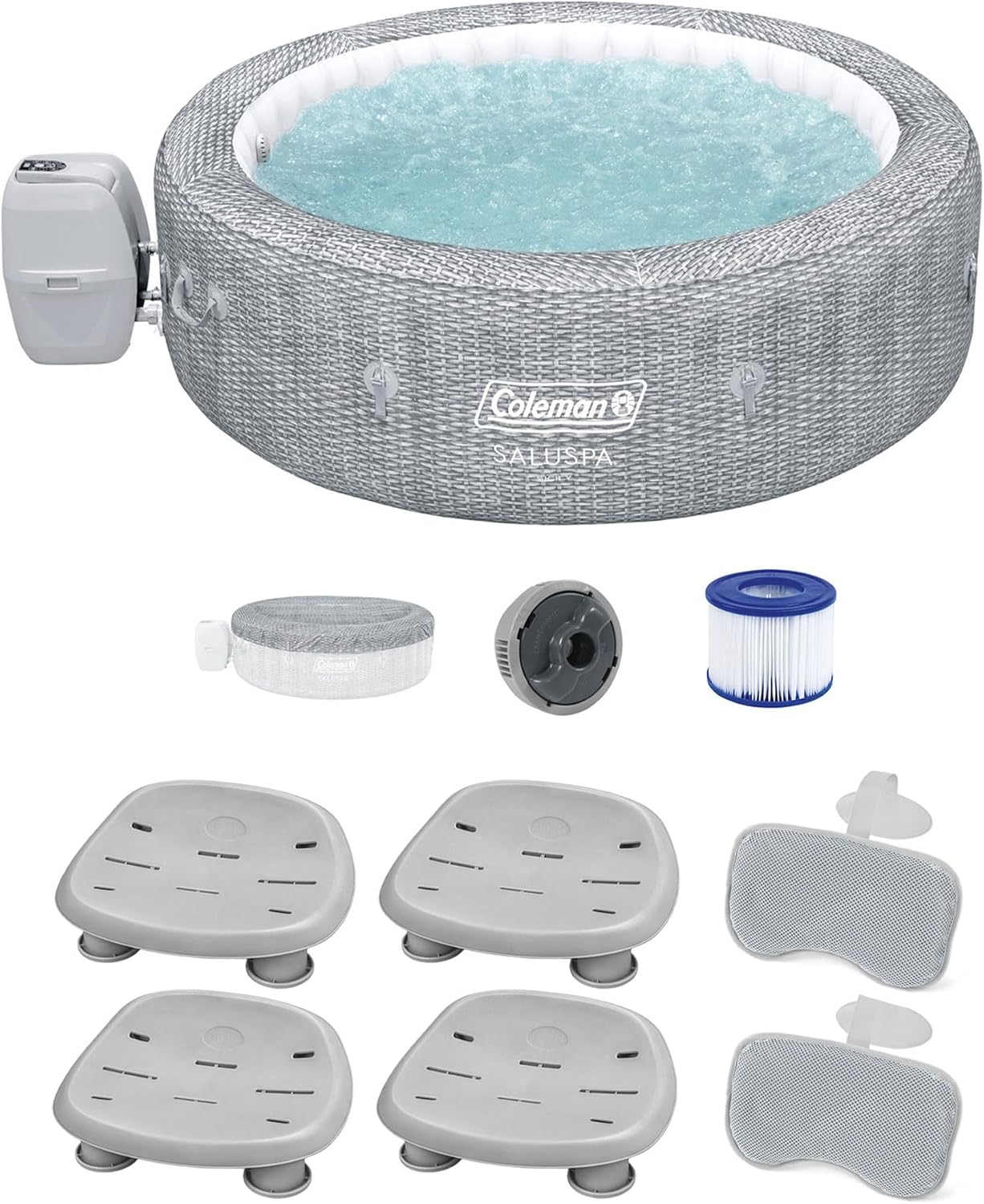 Coleman SaluSpa Sicily 180 Soothing AirJet Inflatable Hot Tub with 4 Pack of Bestway SaluSpa Spa Seat and 2 Sets of SaluSpa Padded Headrest Pillows