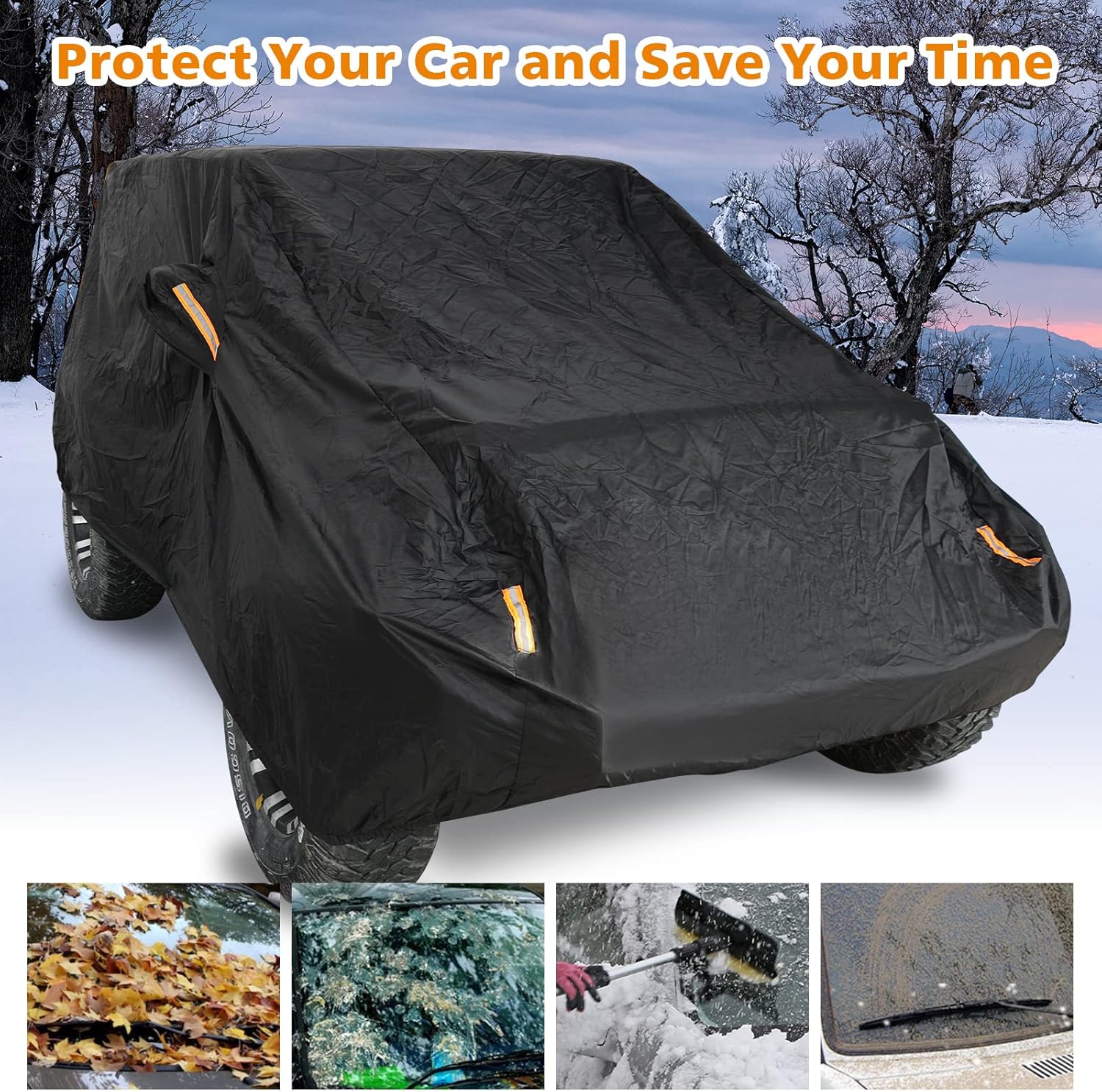Winunite Black Full Snow Car Cover Compatible with Jeep Wrangler CJ YJ TJ JK & JL 4-Door 2018 2019 2020 2021 2022 1965-2017 Rain Cover with Driver Door Zipper Outdoor Automobiles Covers