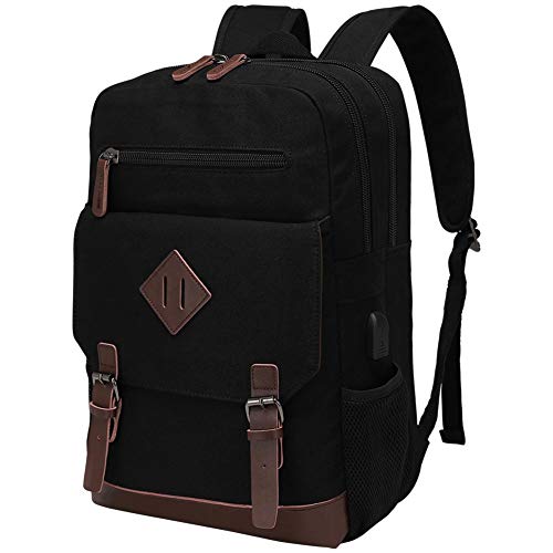 Canvas Backpack for Men Women, Vintage Rucksack Fits Most 15.6 Inch Laptop, Bookbag with USB Charging Port, Brown