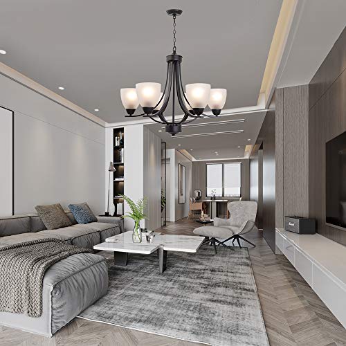 VINLUZ 3 Light Shaded Contemporary Chandeliers with Alabaster Glass Oil Rubbed Bronze Modern Light Fixtures Ceiling Hanging Mid Century Pendant Lighting for Dining Room Living Room Hallway Bedroom