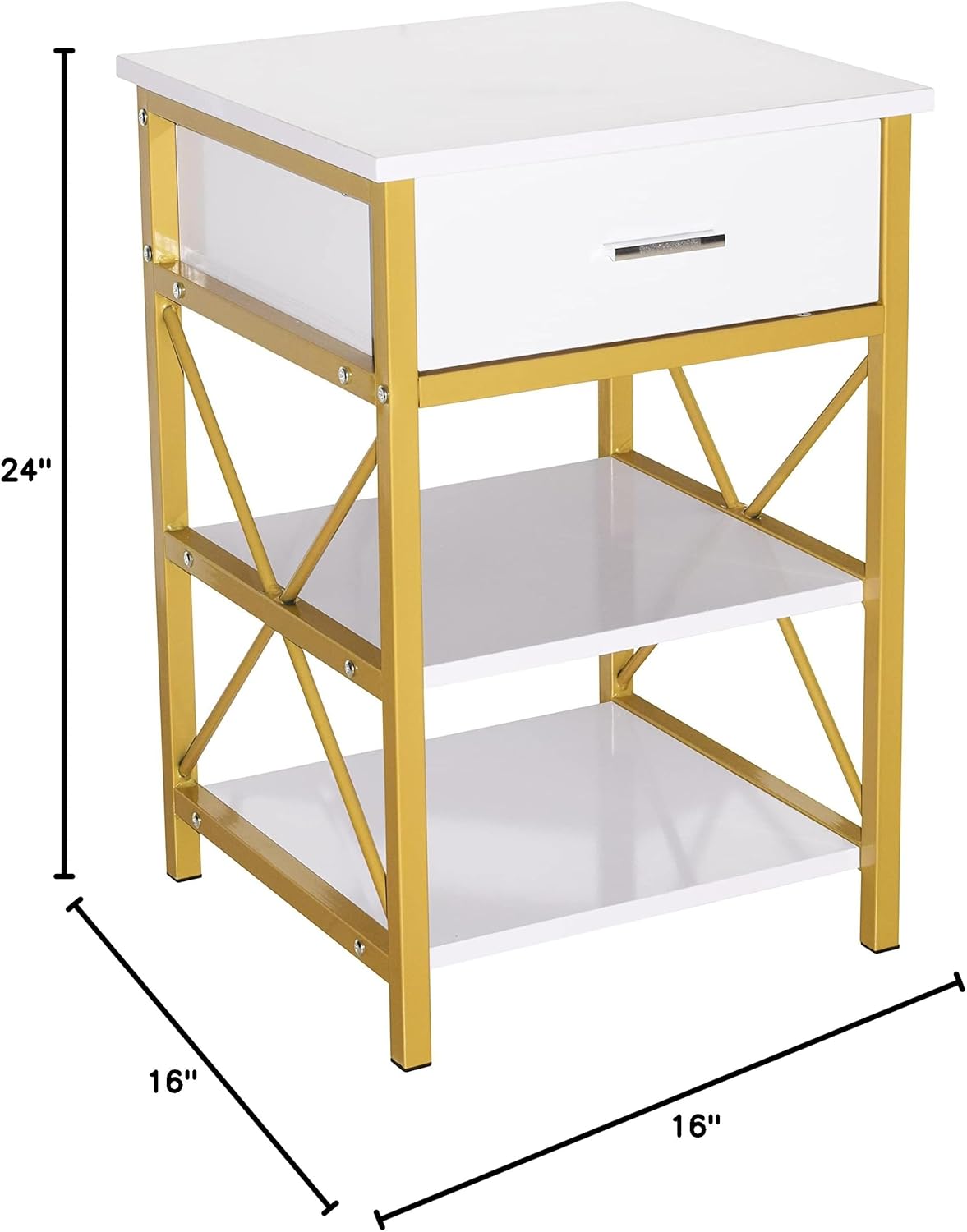 RAAMZO 3-Tier White and Gold Finish X-Design Nightstand Side Table with Drawer 24