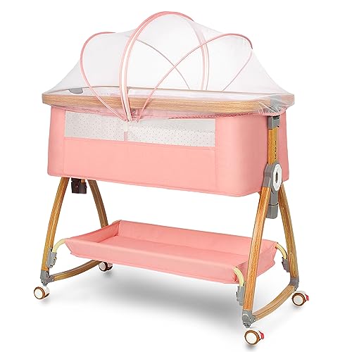 Baby Bassinet, Bedside Bassinet for Baby, 6 Height Adjustable Baby Bed, 3 in 1 Bassinet Bedside Sleeper with Wheels, Mosquito Net, Portable Bedside Crib for Infant/Baby/Newborn (Light Grey)