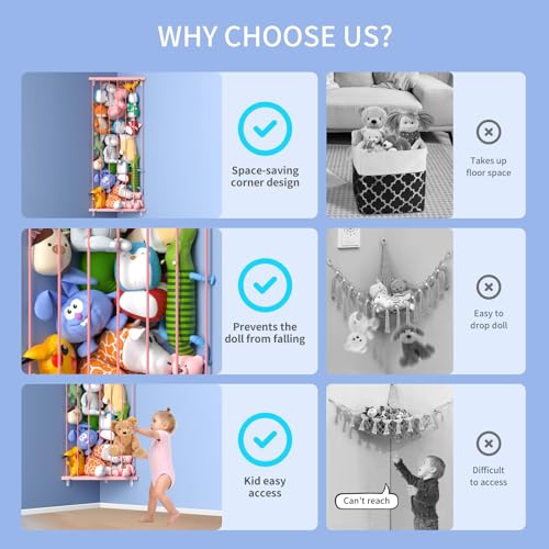 Corner Stuffed Animal Storage Toy Organizer - Kids Room Stuffed Animal Holder with Length Adjustable - Large Corner Plush Toys Wall Hanging Storage for Nursery Playroom Bedroom(Space Black)