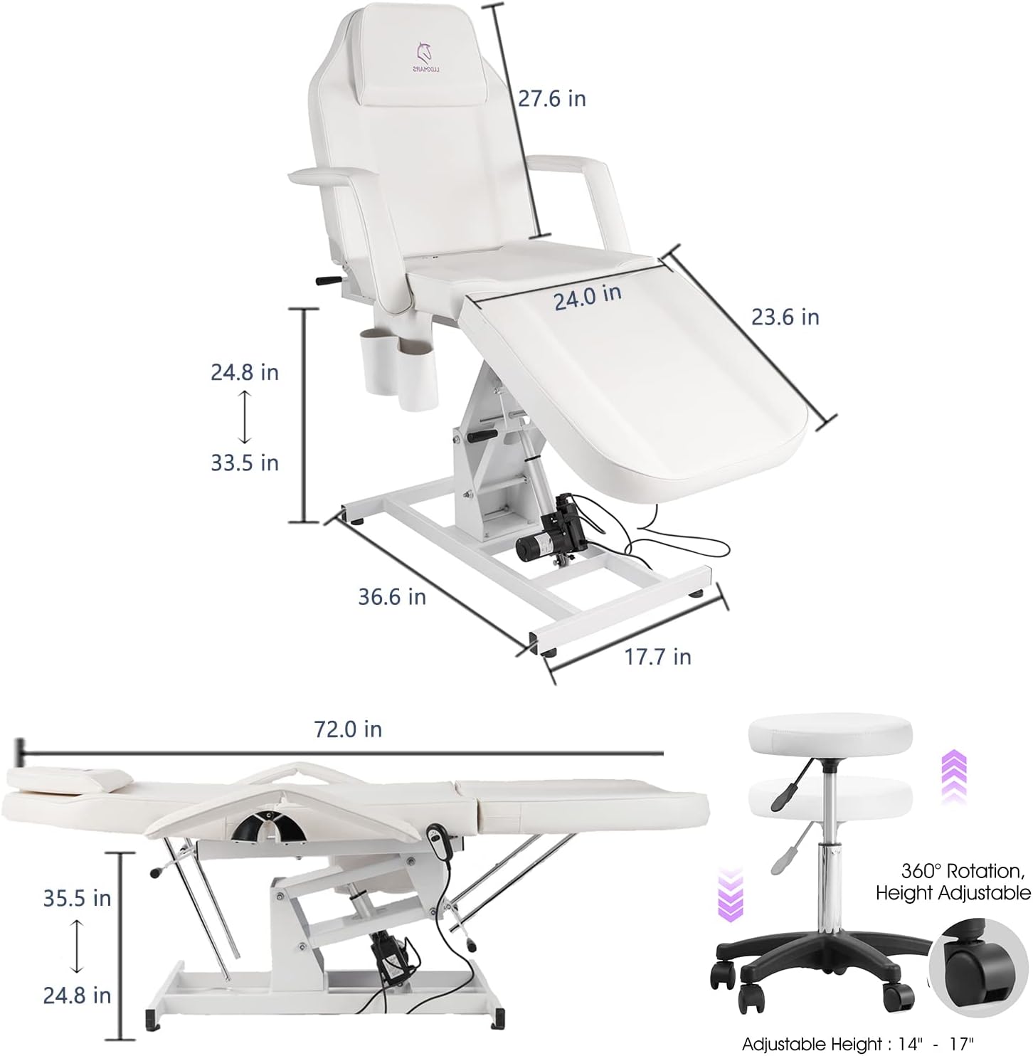 Facial Chair Tattoo Chair Massage Table Electric Height Adjustable Lash Bed with Storage Pocket Recliner Lash Chair for Lash Extensions for Eyelash Extensions Salon Chair-White
