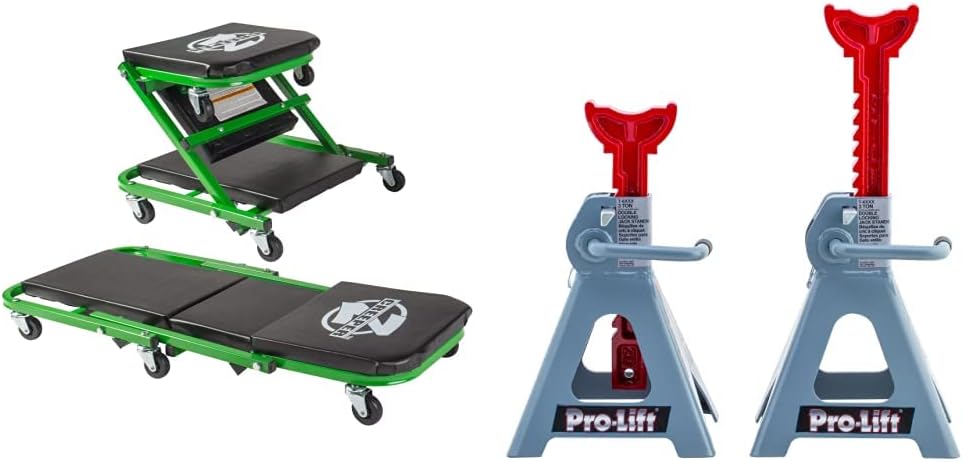 Pro-LifT T-6903D Double Pin Jack Stands - 3 Ton C-2036DG Black/Green 300 Lbs Mechanic Creeper - Garage Equipment for Automotive Maintenance with Padded Cushions