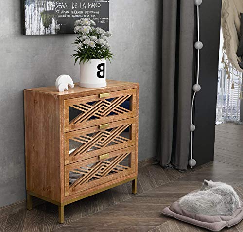 LONYKE Accent Dresser, 3-Drawer Wooden Cabinet with Mirror Fronts, Modern Farmhouse Accent Chest Clean-Lined Silhouette