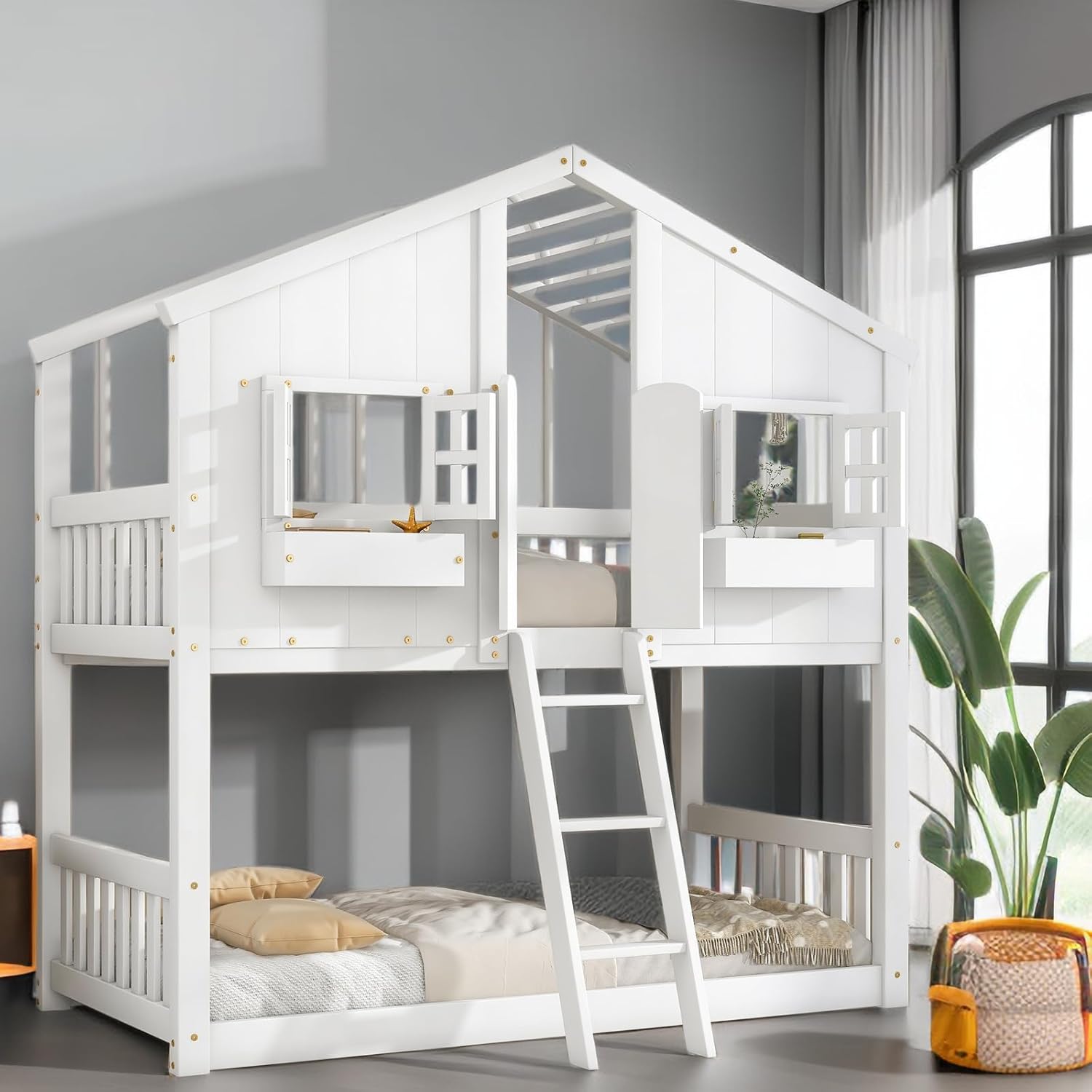 Twin Over Twin House Bunk Bed with Exclusive House Features- Roof, Window, Window Box, Door, White - Fitted with Safety Guardrails and Comfortable Ladder