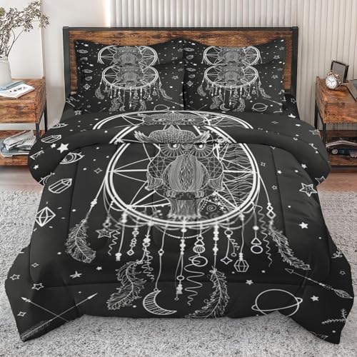 5 Pcs Comforter Set Twin Size, Bohemian Painting Dream Bed in a Bag with Flat Sheet and Fitted Sheet for Kids and Adults, Hippie Vintage Orange Bedding Set with Pillowcase & Sham