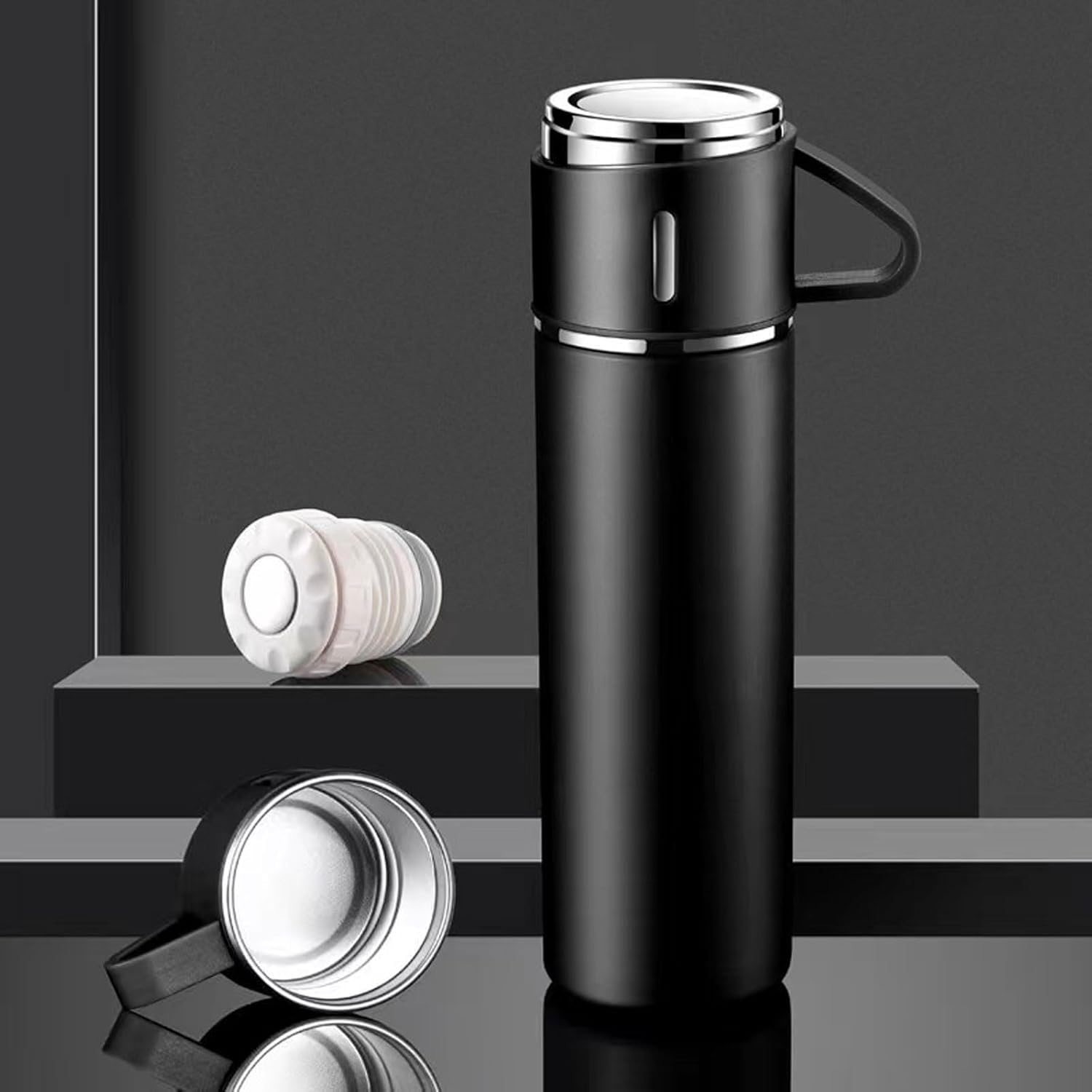 Insulated Water Bottle with Cup Travel Coffee Mug with Handle Stainless Steel Tumblers Thermos for Hot and Cold Drinks Water Flask 17 oz/500ml Black