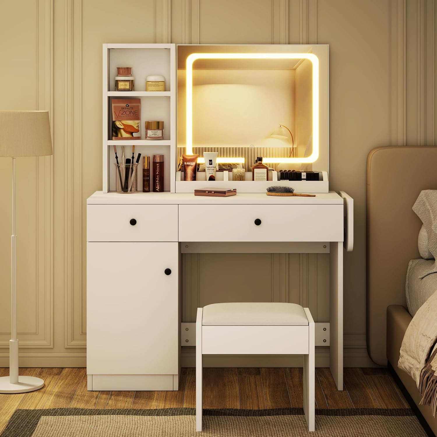GAOMON Vanity Desk with Mirror and LED Light, Makeup Vanity Desk with Storage Cabinet and Drawers, Vanity Set with Faux Leather Stool Open Shelf (White)