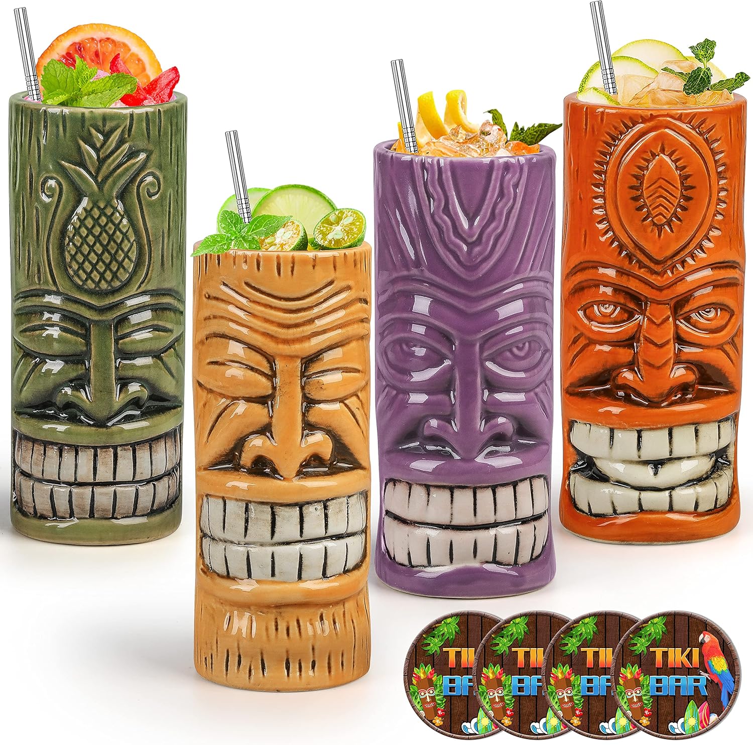 Tiki Mugs Set of 4,Ceramic Tiki Hawaiian Party Mugs, Creative Tiki Glasses Set Tiki Bar Mugs for Cocktails Glasses, Tiki Drinking Bar Decorations Premium Tropical Cups Drinks for Exotic Party(4PCS)