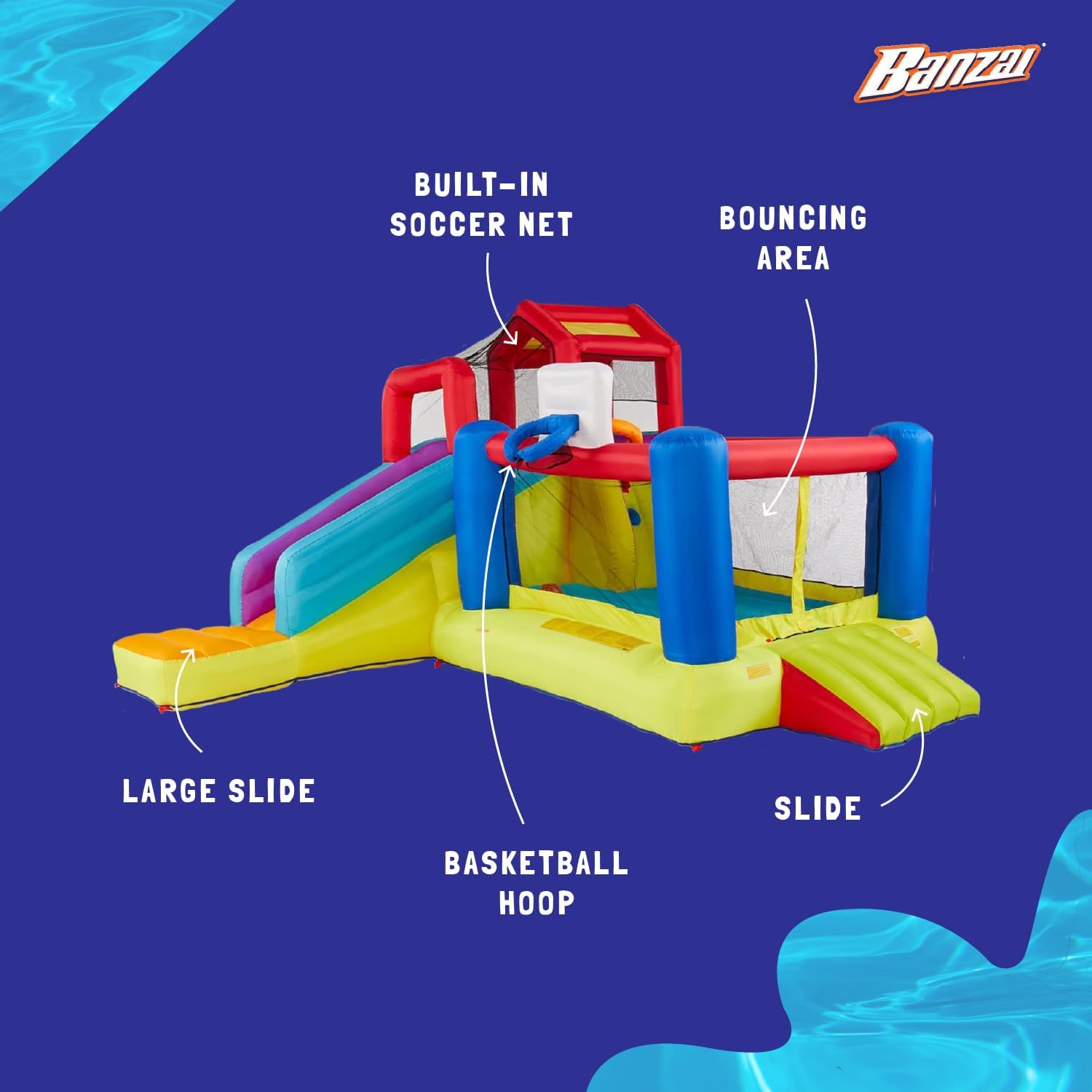 Banzai Climb ’N’ Bounce Bounce House with Slides, Basketball Hoops, Soccer Ball, and Blower