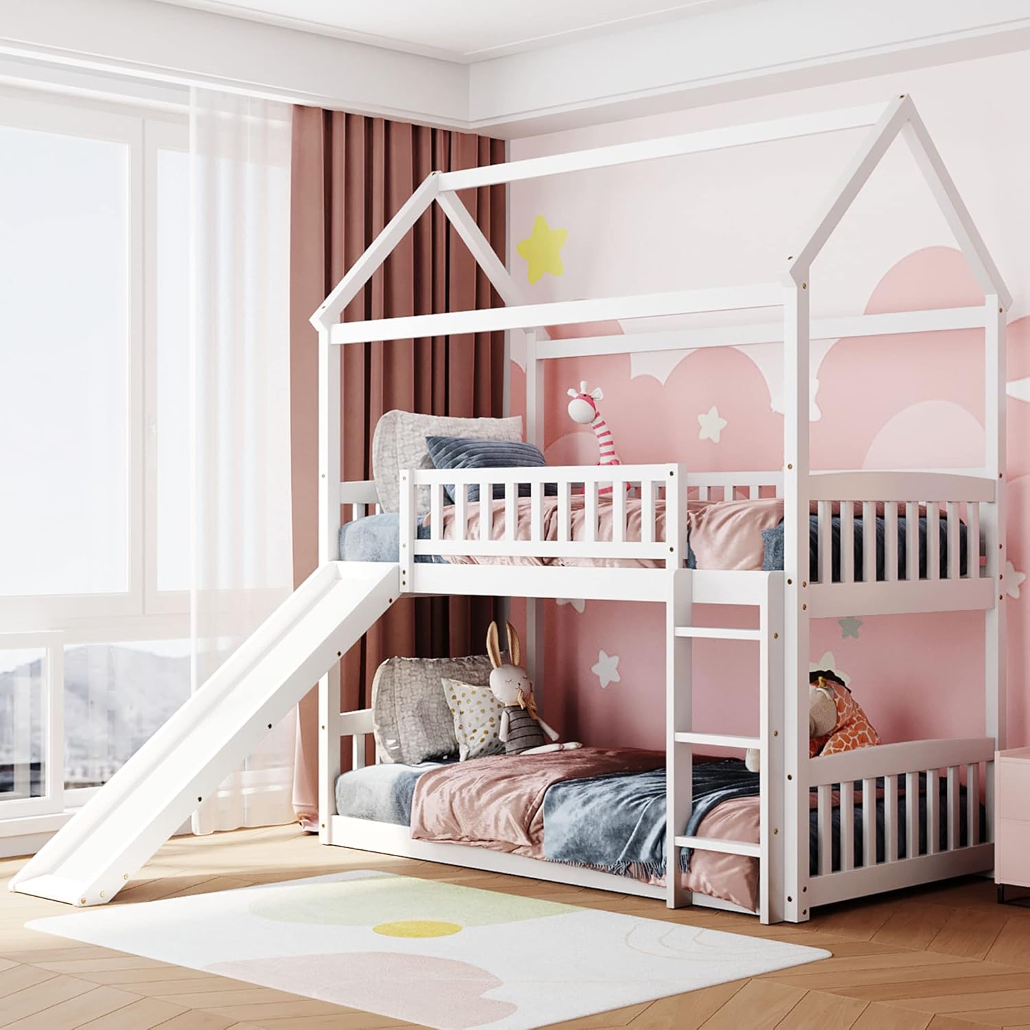 Solid Wood Twin Over Twin Bunk Bed with Slide,Playhouse Bedframe with Roof for Kids,Bedroom,No Need Box Springs,White