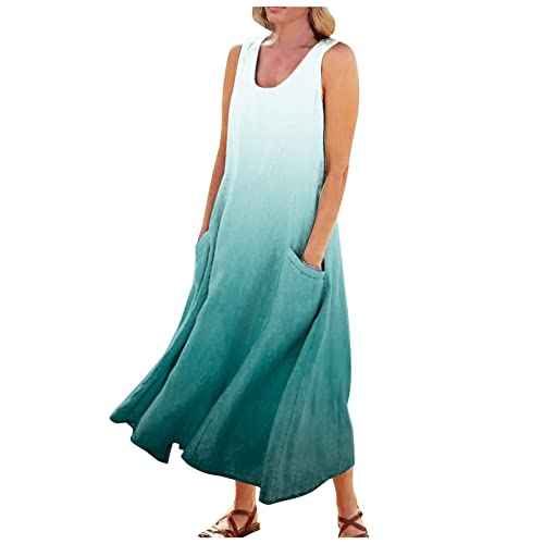 Boho Dress Summer Beach Cover Ups Flowy Sleeveless Sun Dresses for Women Maxi Casual Loose Linen Sundresses with Pocket