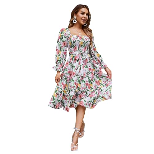 IDOPIP Women Boho Floral Smocked Ruffle Dress Square Neck Midi Dress Elegant Off Shoulder Sundress Flowy Wedding Guest Dress