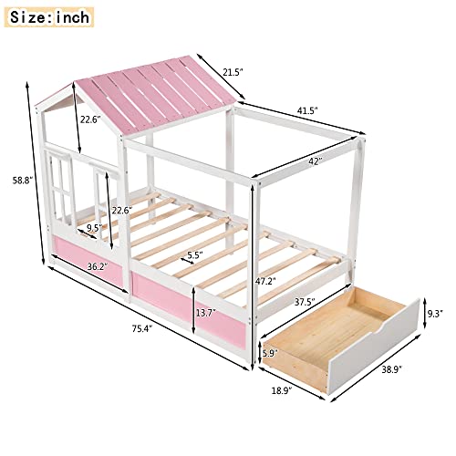Twin Size House Bed with Roof & Window, Solid Wood Full Platform Bed Frame, Tent Bed Twin Bed Frames with Storage Drawer for Kids