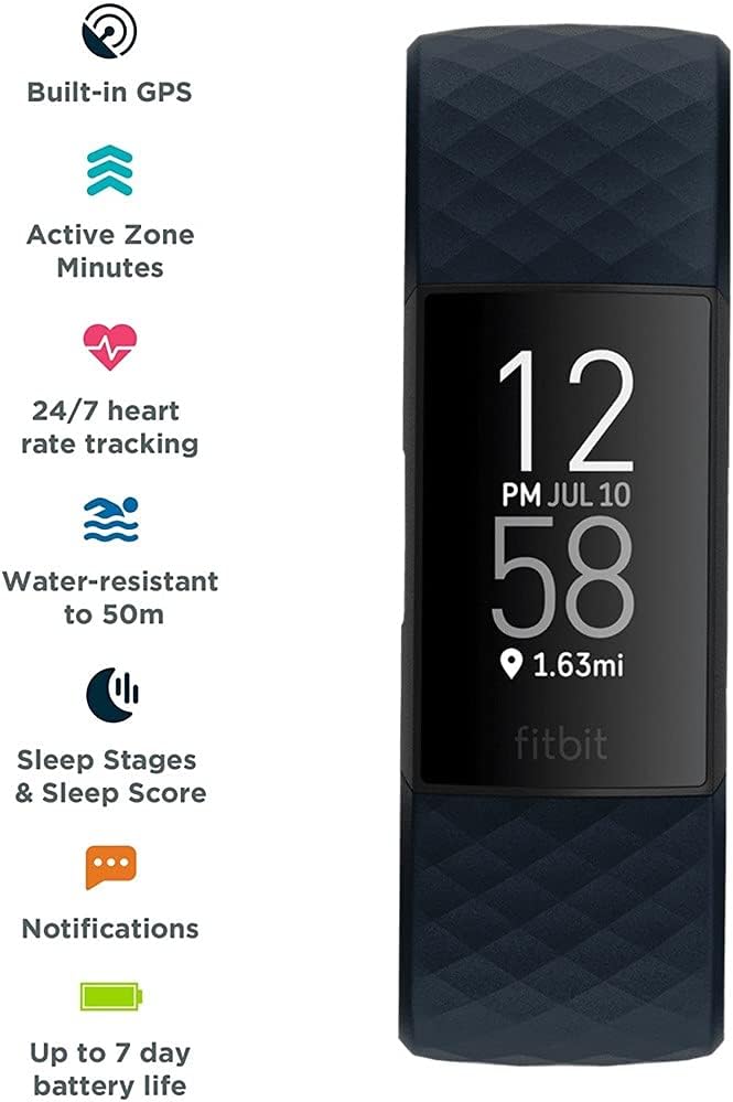 Fitbit Charge 4 Advanced Fitness Tracker W/Built-in GPS, Pay, 24/7 Heart Rate Tracking, Sleep score, 7 Days Battery - US Model (Black & Blue S/L Bands Included) Storm Blue