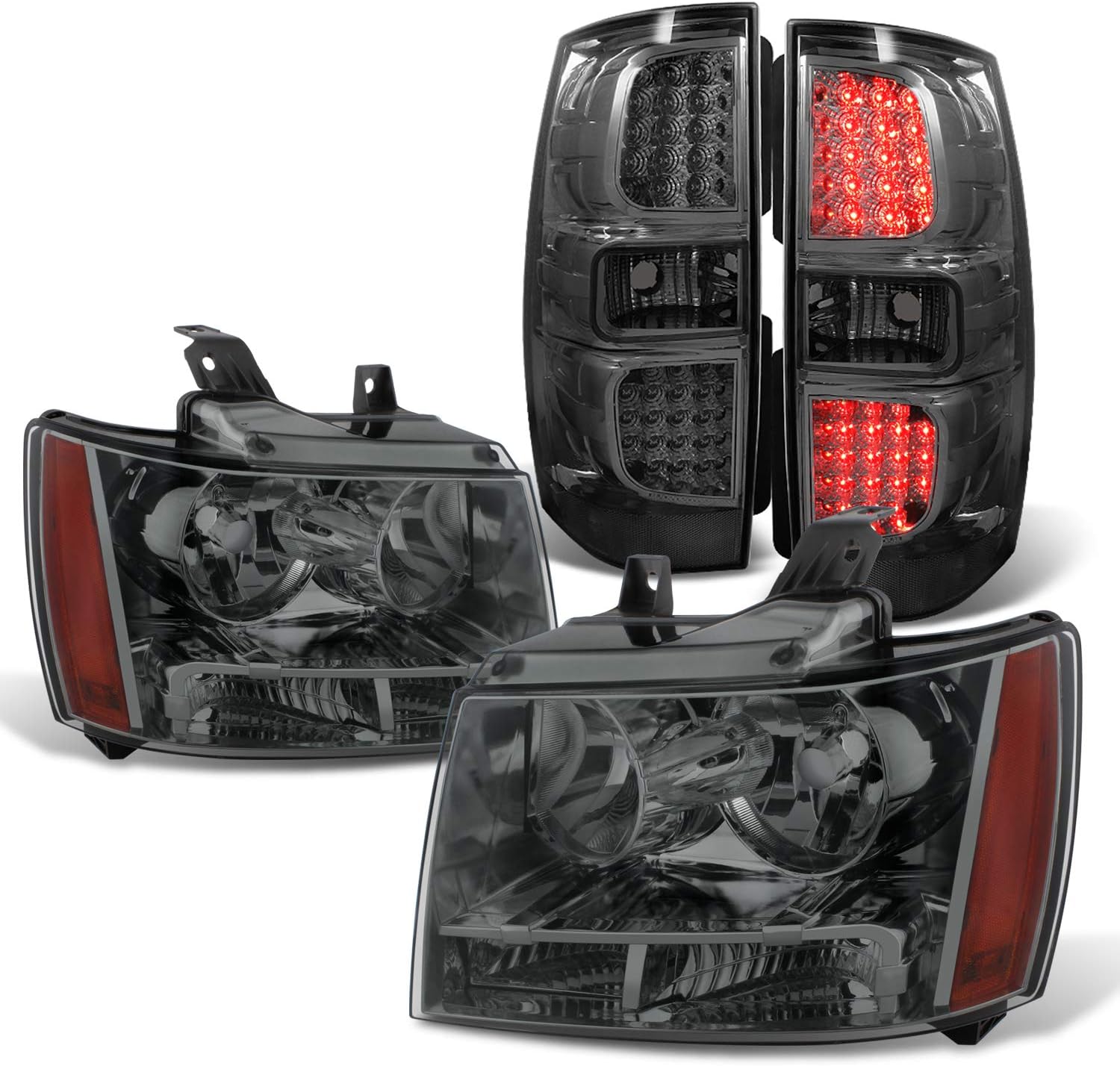 AKKON - For 07-14 Chevy Suburban 1500 2500 Tahoe Smoked Lens Headlights + LED Smoked Tail Lights