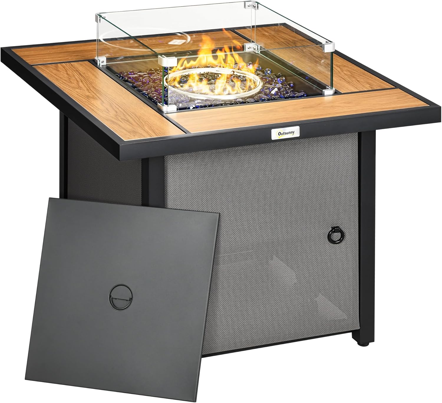 Outsunny 31 Inch Outdoor Propane Gas Fire Pit Table, 50,000 BTU Auto-Ignition Square Gas Firepit with Ceramic Tabletop, Glass Wind Guard, Lid, Glass Beads, Rain Cover, CSA Certification, Brown