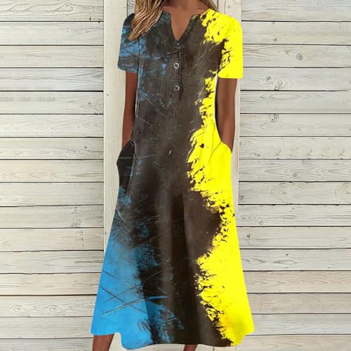 Casual Summer Boho Dresses for Women 2024 Beach Floral Maxi Dress Vacation Short Sleeve V Neck Flowy Dress with Pocket