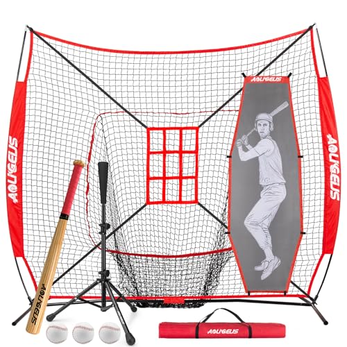 7'X7' Baseball Softball Practice Net,Pitching Net,Batting Net,with Baseball Tee,Bonus Strike Zone and Bow Frame,for Hitting,Pitching, Catching