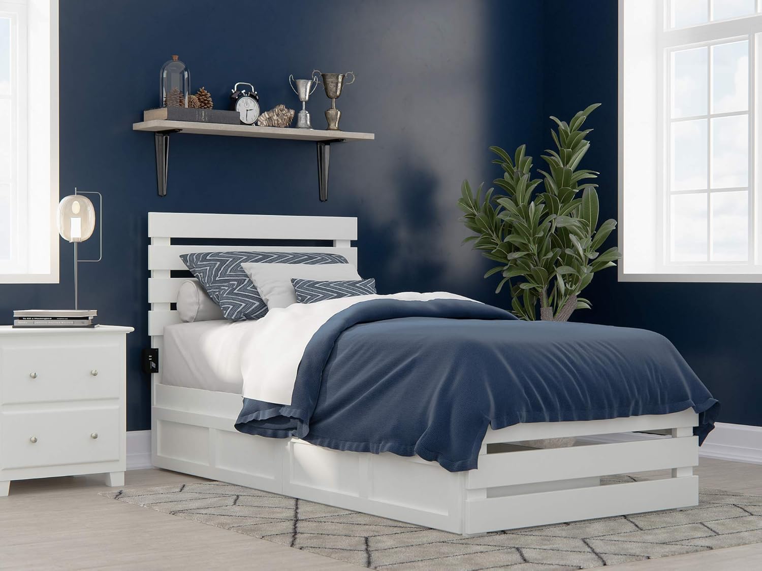 AFI Oxford Twin Extra Long Bed with Footboard and USB Turbo Charger with 2 Extra Long Drawers in White