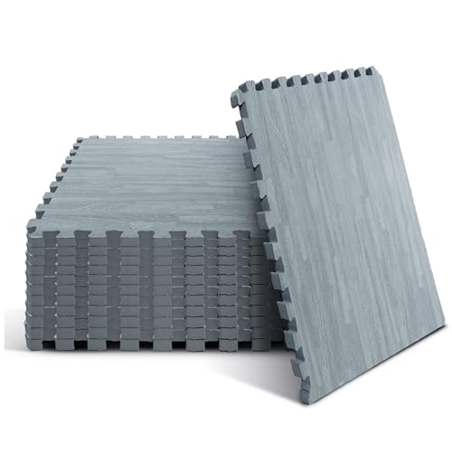 Yes4All 48SQ.FT Wood Grain Puzzle Exercise Mat Protective Flooring, EVA Interlocking Foam Floor Tiles with Border for Home
