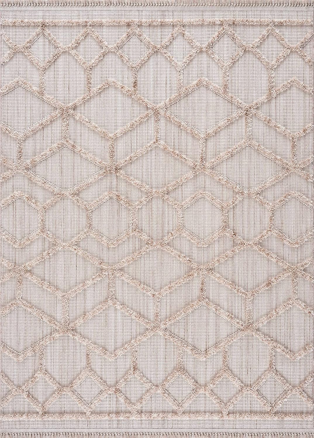 Hauteloom Malilinao Farmhouse Living Room Bedroom Modern Moroccan Trellis Area Rug - Soft Shaggy High Low Carpet - High Pile - Bohemian, Boho - Gray, Brown, Beige, Cream - 7'10