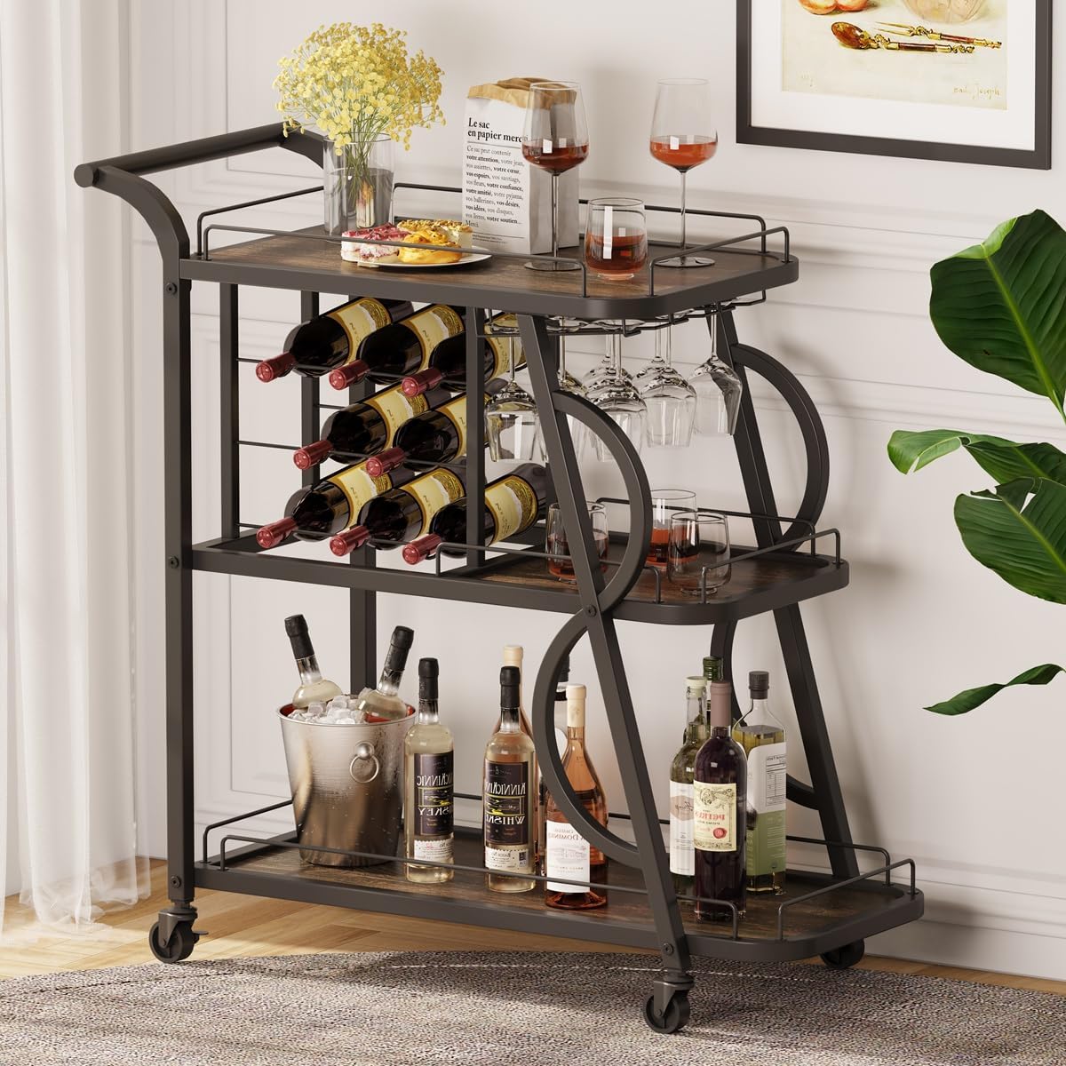 Industrial Rolling Bar Cart with Wine Rack and Glass Holder with Bar Cabinet for Liquor and Glasses, Rustic Buffet Sideboard with Mobile Beverage Cart for The Home (Walnut Brown)