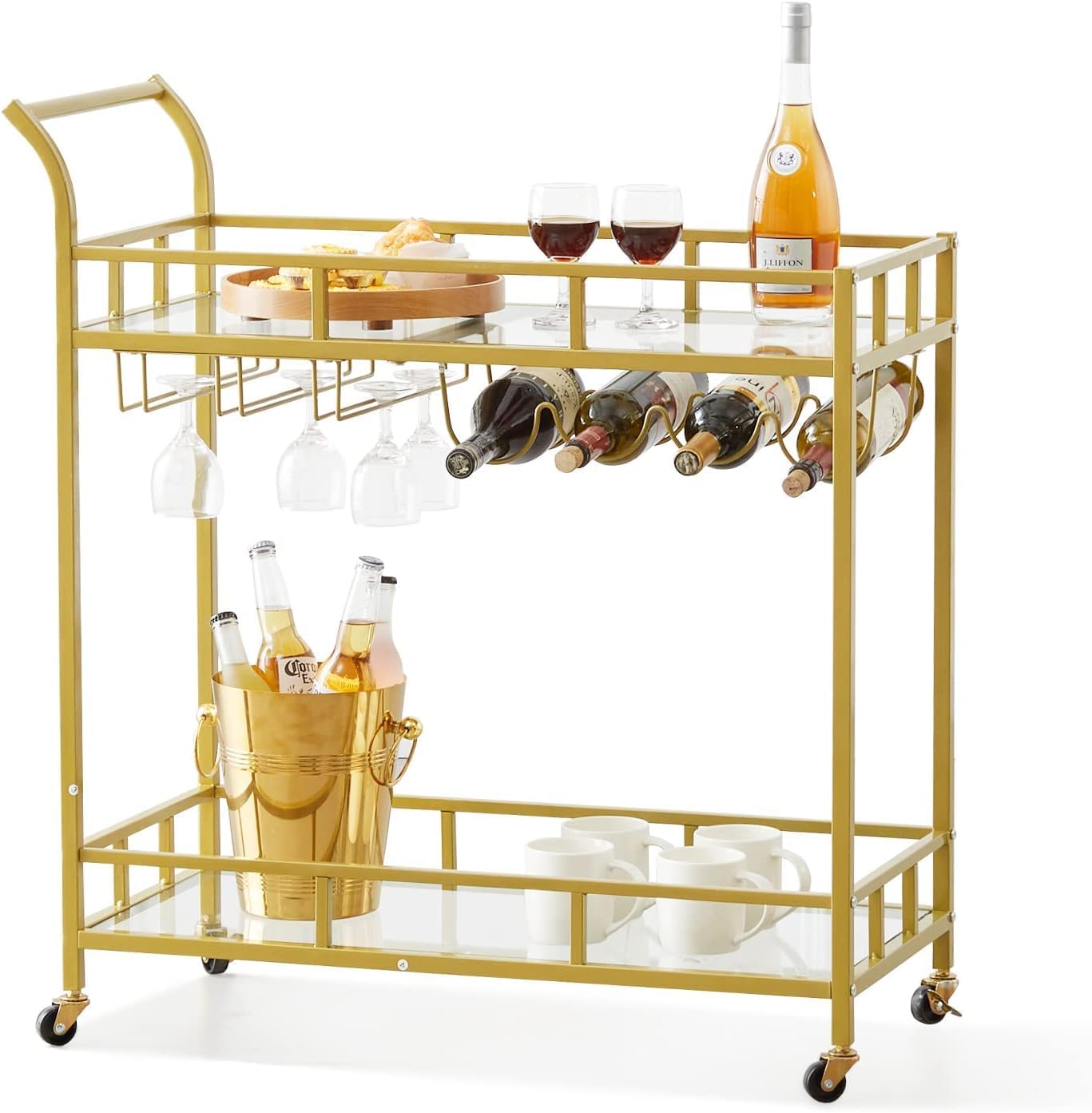 Bar Cart, Home Bar Serving Cart, 2 Tier Drink Cart with 9 Wine Bottle Racks, Liquor Beverage Cart for Kitchen Dining Living Room Outdoor, 35.82