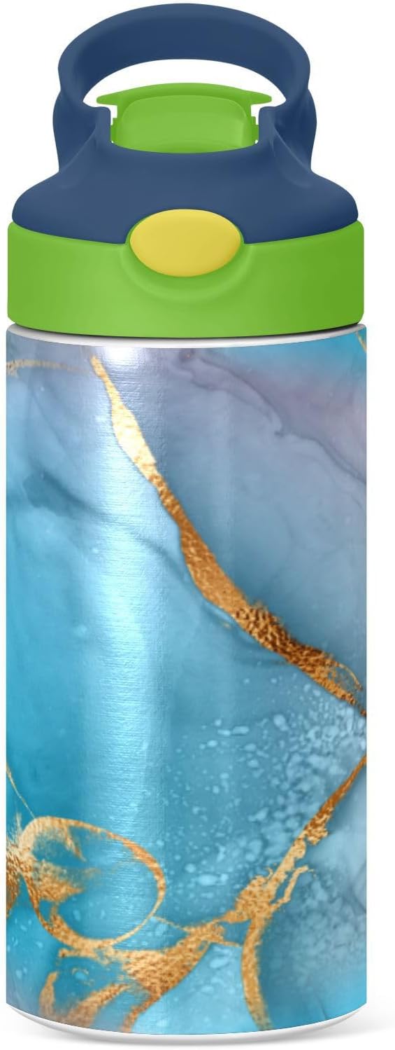 Marble Water Bottle for Kids, 12 oz Leakproof Double Walled Insulated Stainless Steel Water Bottle Travel Tumbler with Straw Lid for Girls Boys Toddlers