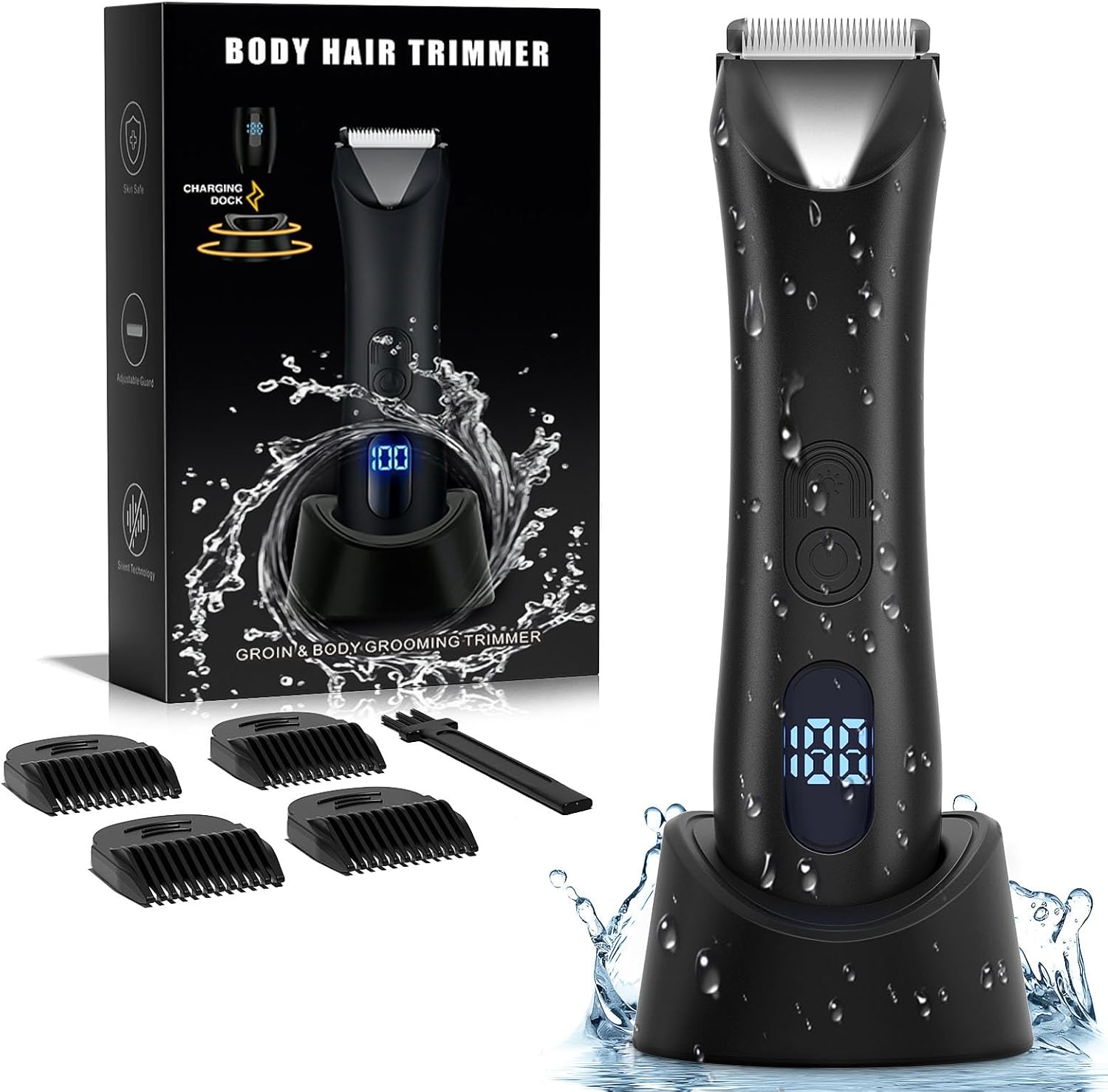 Groin Hair Trimmer for Men Electric Body Hair Trimmer Waterproof Ball Trimmer with Light & Power Display, Safety Razor Pubic Hair Trimmer for Ball/Chest/Beard, Ceramic Blade Heads, Recharge Dock
