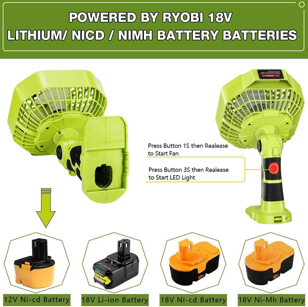 YEX-BUR Handheld Fan for Ryobi 18v ONE + Lithium Ion NiCd NiMh Batteries Portable Fan with LED Lantern, Remote 4H Timer, 3 Speeds, 3 Modes Outdoor Rechargeable Personal Tent Fan Desk Jobsite Fan